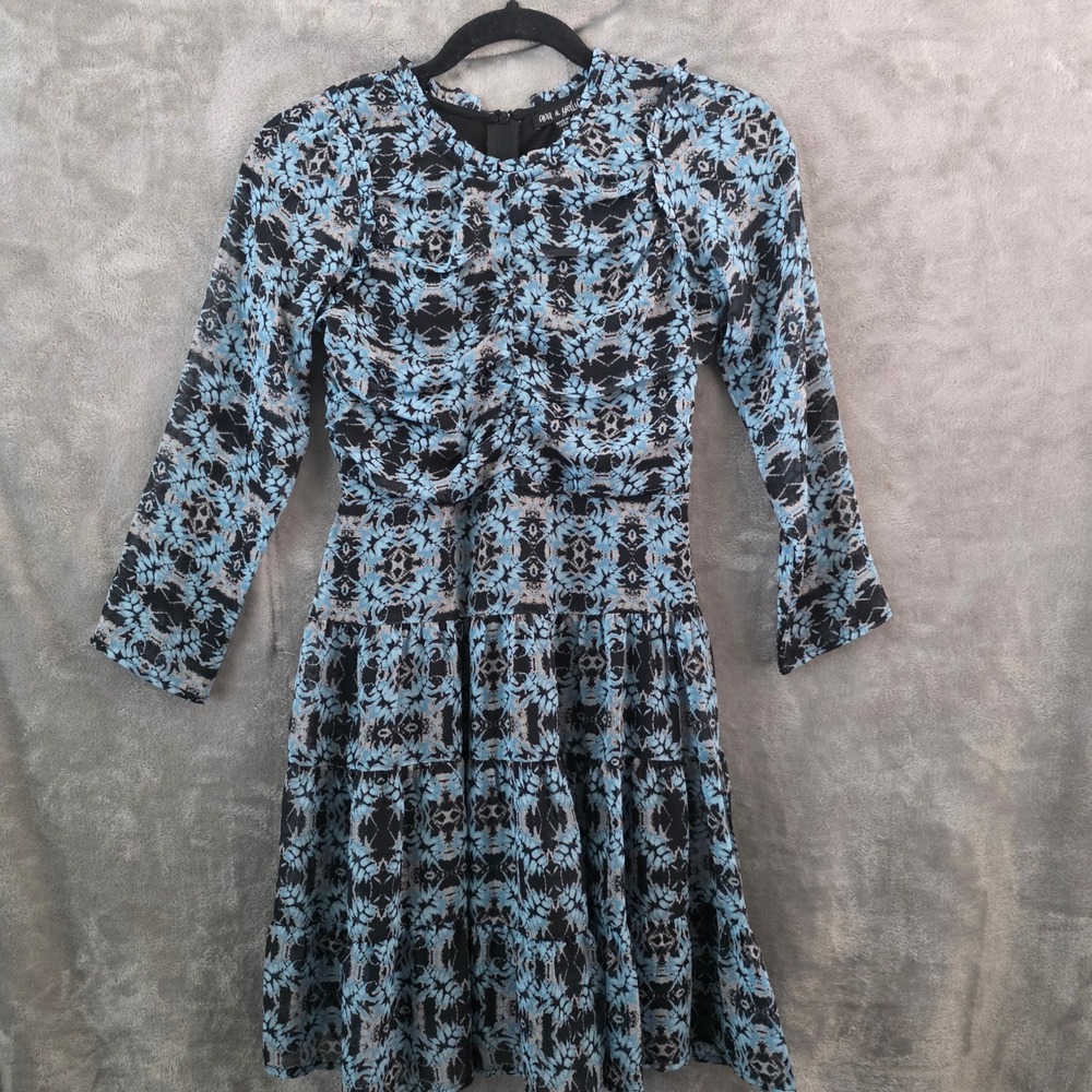 Ava & Yelly Girls Blue Black Damask Print Tiered Ruffle Dress Size 12 Y5211979